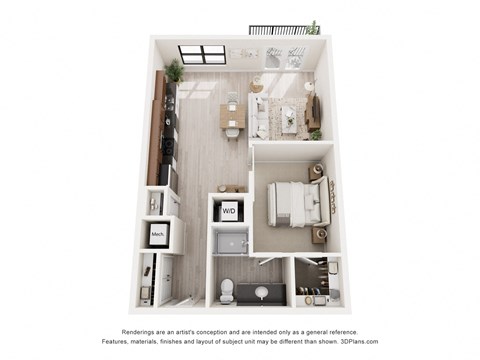 Floor plan for 1 bed, 1 bath, 708 sqft